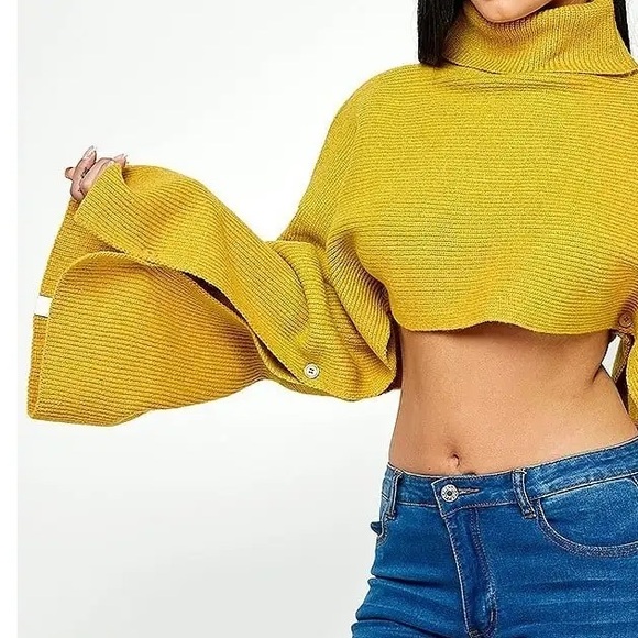 Elegant Turtleneck Bell Sleeve Crop Top Mustard - Picture 4 of 4